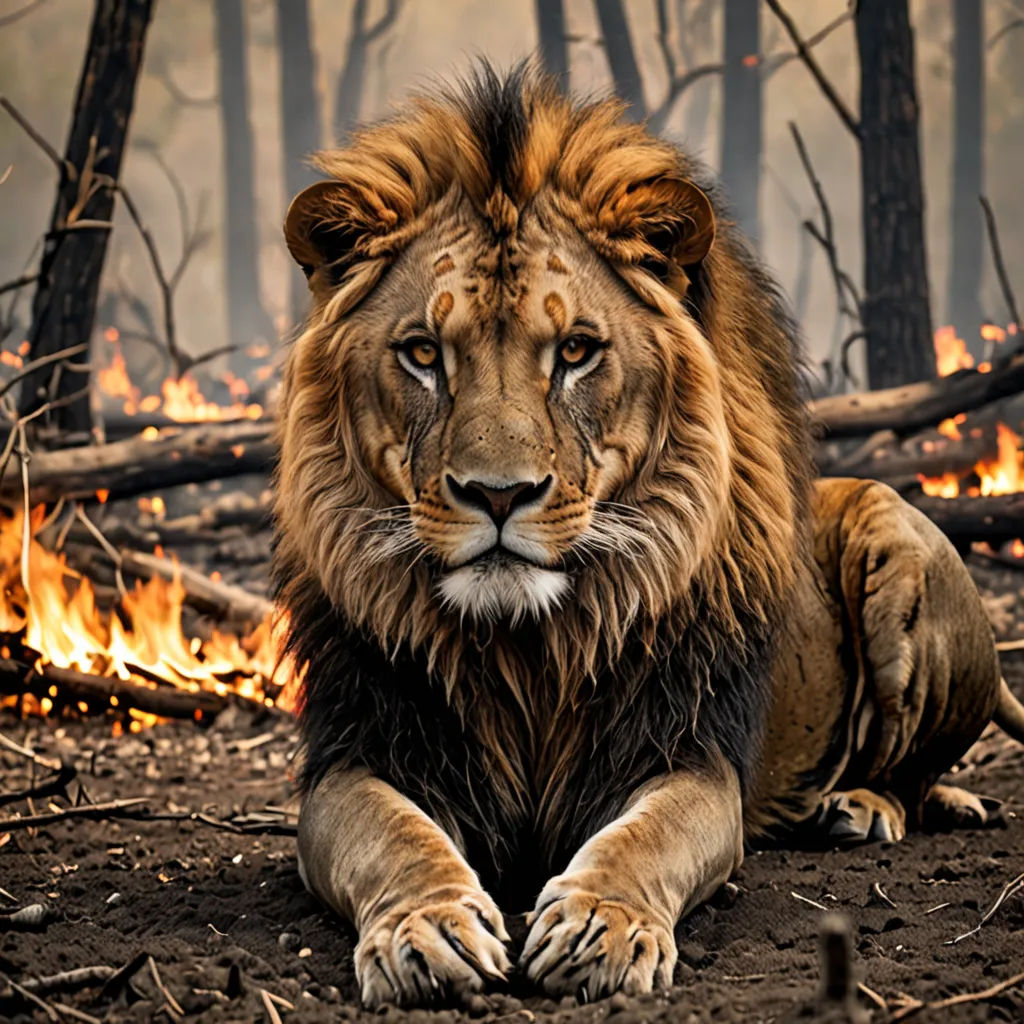 a lion sitting in the middle of a forest with a fire in the background and trees on fire behind it, naturalism, a digital rendering, Chris LaBrooy, animal photography