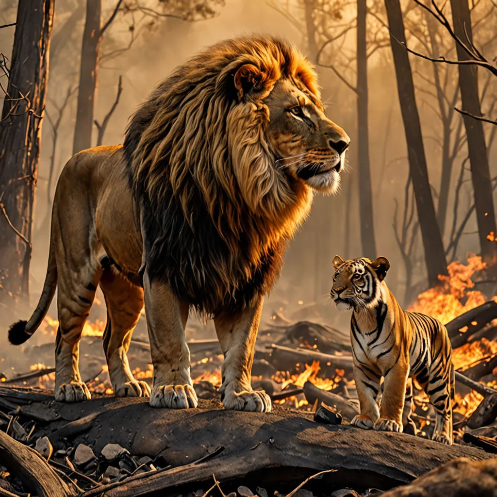a lion and a tiger standing on a log in the woods with a fire in the background and a forest filled with trees, fantasy art, a digital painting, Chris LaBrooy, wildlife photography