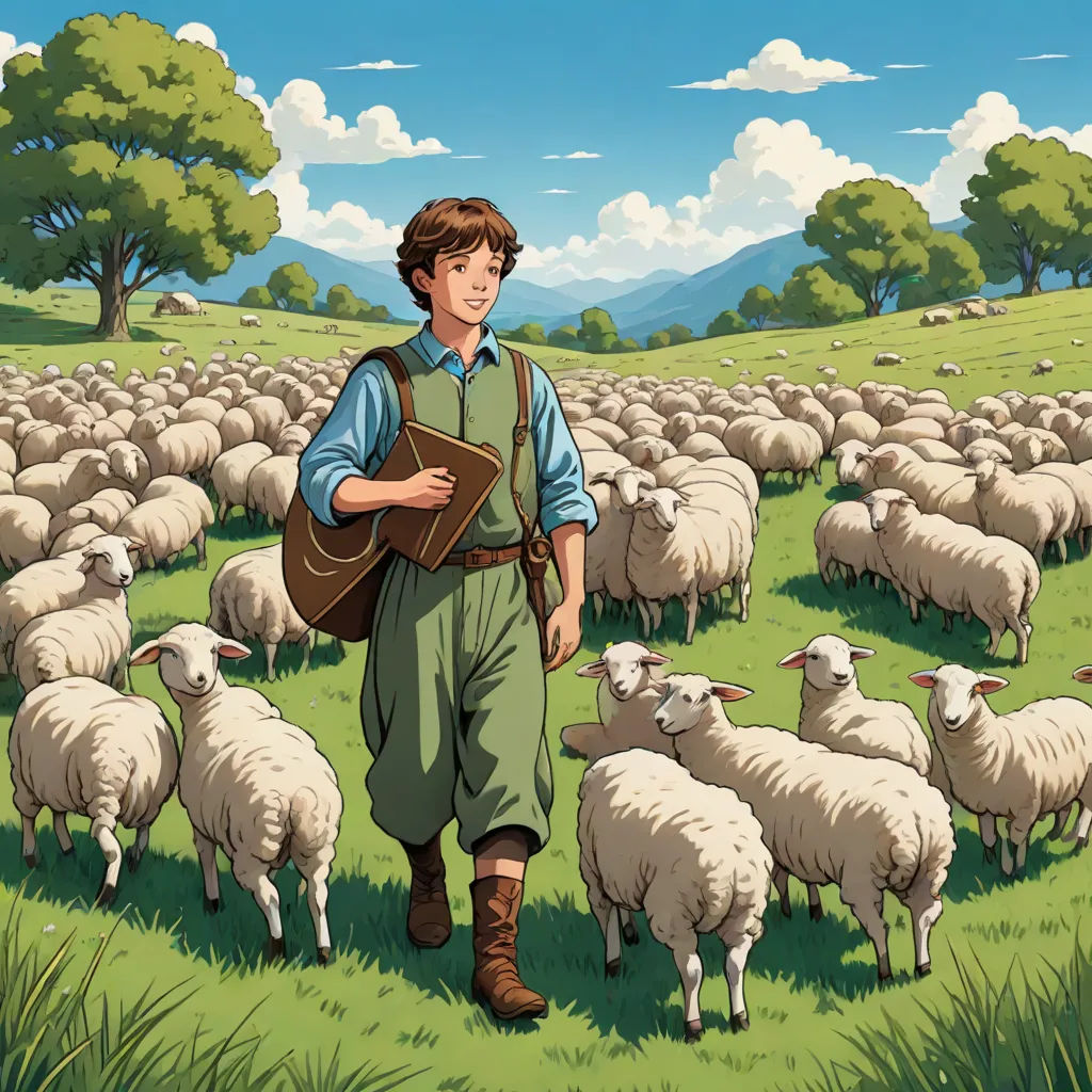 a man in a field with a book and a herd of sheep behind him, with a sky background, official art, synthetism, a storybook illustration, David Young Cameron