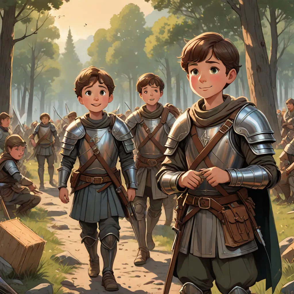 a painting of a group of men in armor walking down a path in a forest with trees and a man in the background, cushart krenz, antipodeans, a storybook illustration, Brothers Hildebrandt