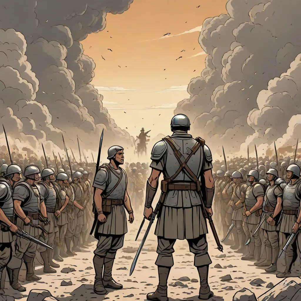 a painting of a group of men standing in front of a crowd of people with swords in their hands, graphic novel, antipodeans, a comic book panel, Asaf Hanuka
