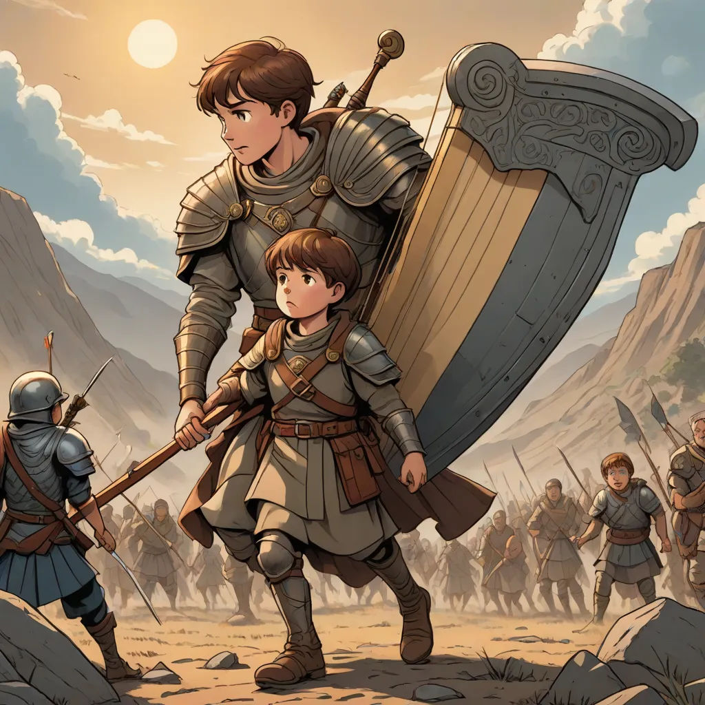 a man and a boy are standing in front of a giant sword and shield with a man holding a sword, official art, fantasy art, a storybook illustration, Brothers Hildebrandt