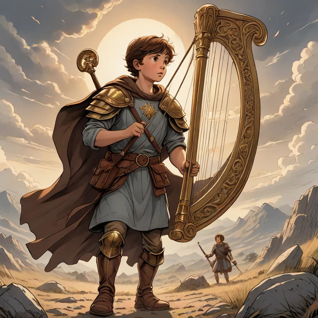 a man in a brown outfit holding a golden harp in his hands and a man in a brown outfit standing behind him, epic fantasy character art, fantasy art, a storybook illustration, Clint Cearley