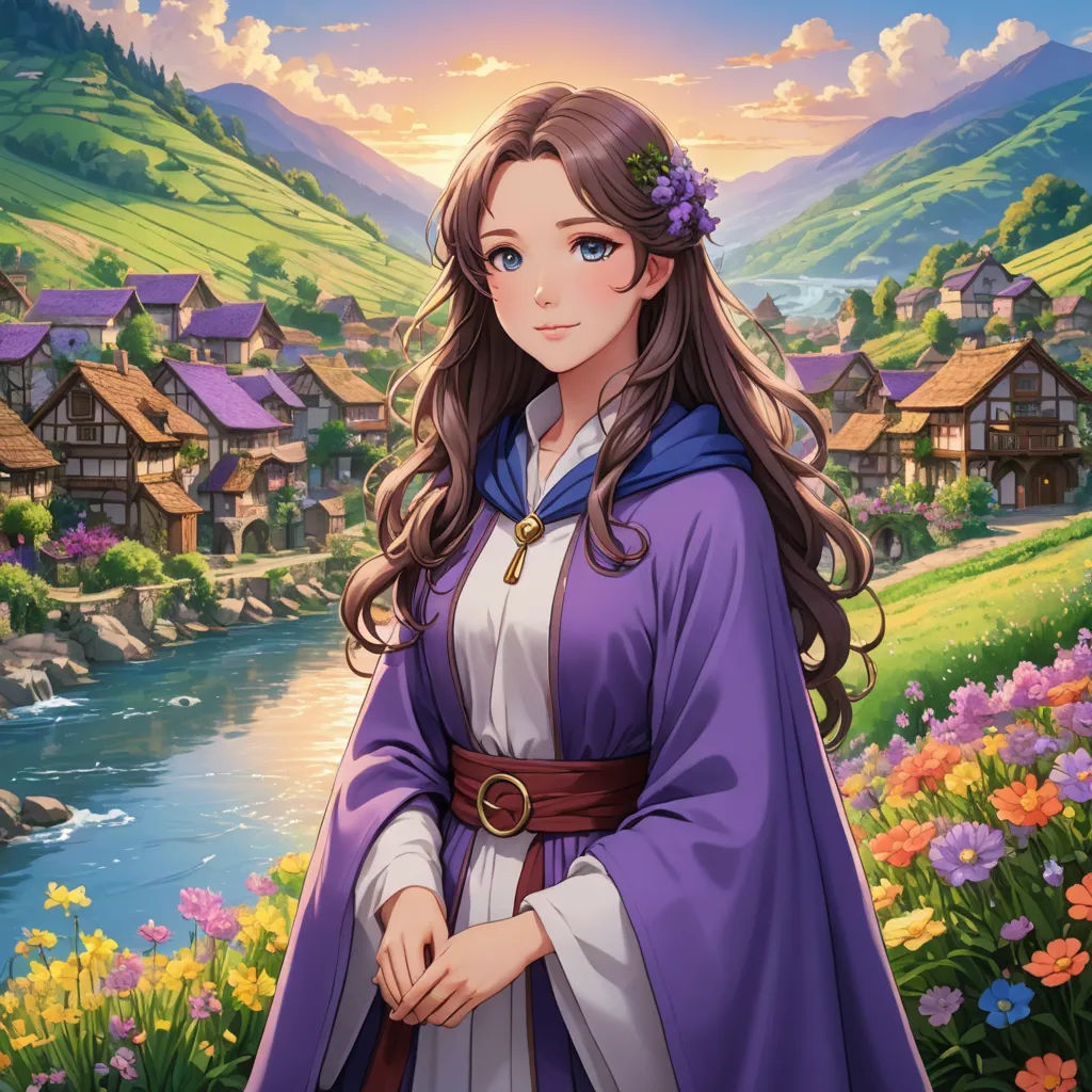 a woman in a purple dress standing in front of a river and a village with flowers on it and a mountain in the background, sots art, a character portrait, Anne Said, official art