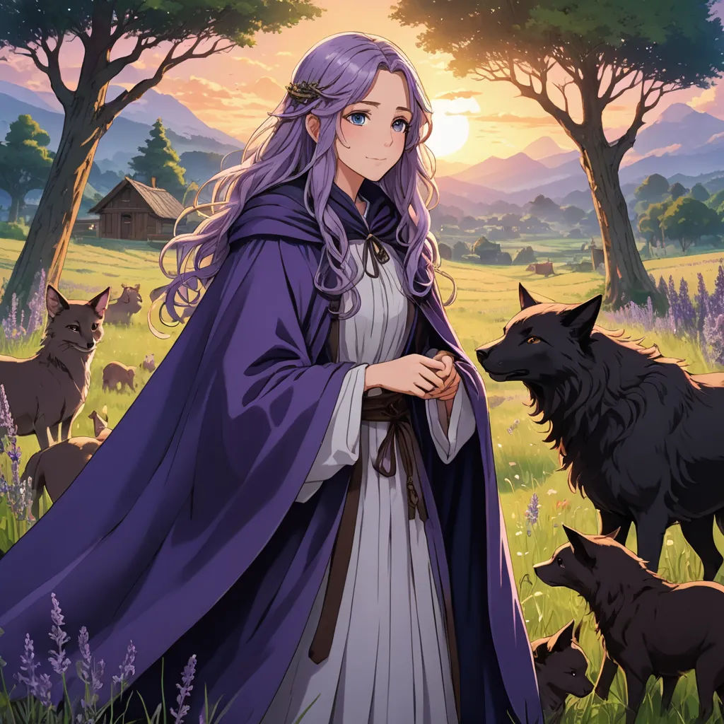 a woman in a purple dress standing in a field with a wolf and a house in the background with trees, sots art, a character portrait, Anne Said, official art