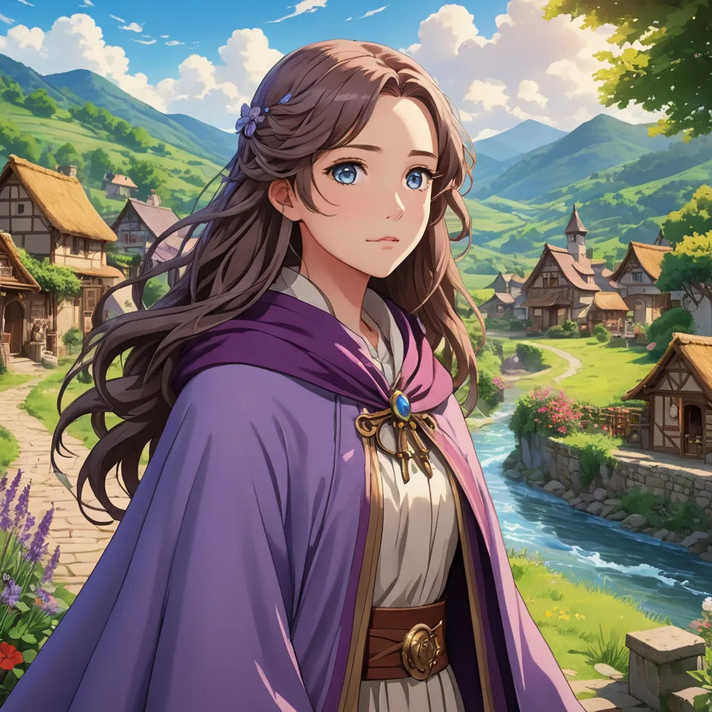 a woman in a purple dress standing in front of a village with a river and mountains in the background, sots art, a character portrait, Ada Gladys Killins, official art