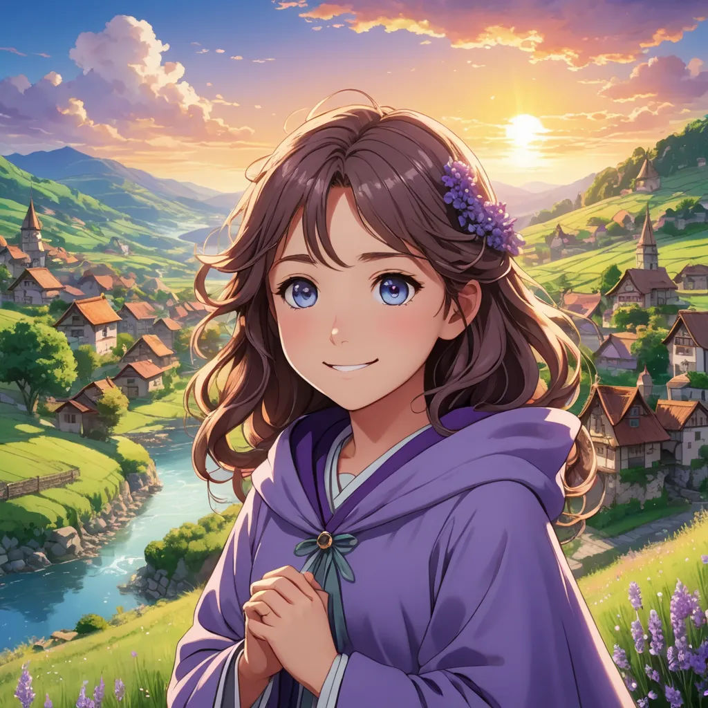 a girl in a purple dress standing in front of a village with a river and mountains in the background, sots art, concept art, Bob Ross, official art