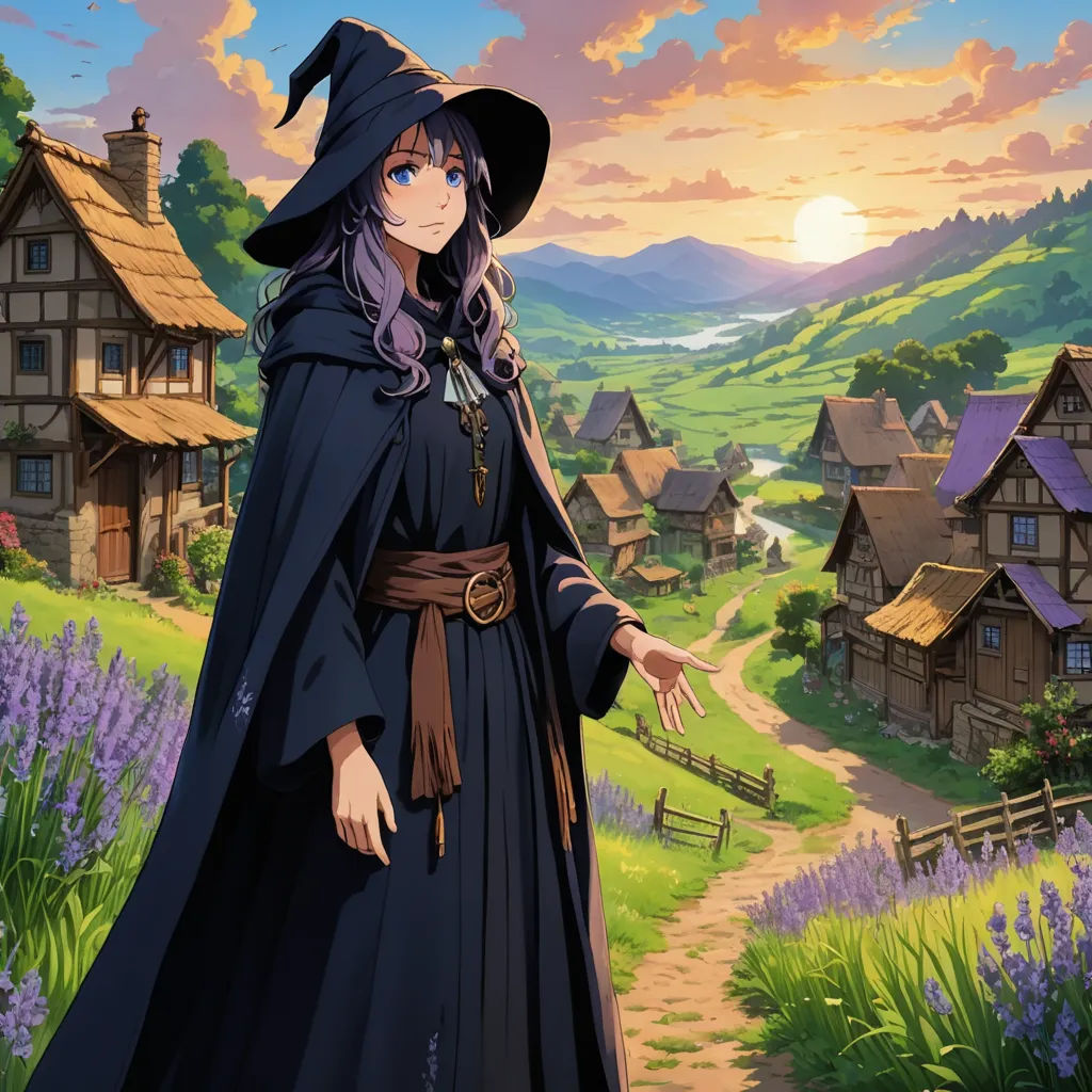 a woman in a witch costume standing in front of a village with a sunset in the background and a purple haired witch, fantasy art, concept art, Chizuko Yoshida, official art
