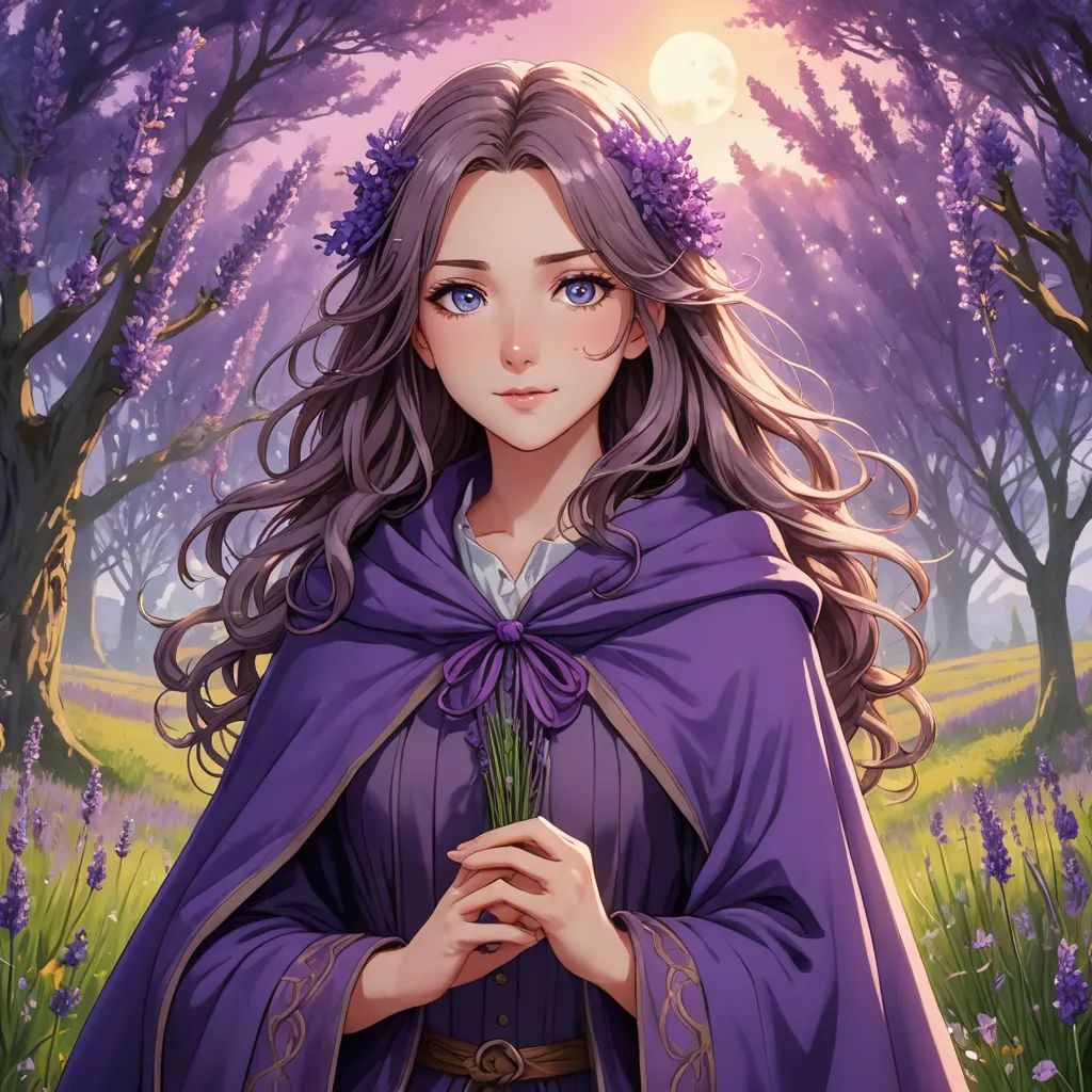 a woman in a purple cloak holding a flower in her hands in a forest with purple flowers and trees, fantasy art, a character portrait, Alice Prin, fantasy character portrait