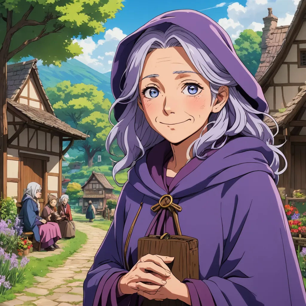 a woman with a purple cape and a purple dress is standing in front of a village with flowers and trees, remodernism, a character portrait, Anne Said, official art