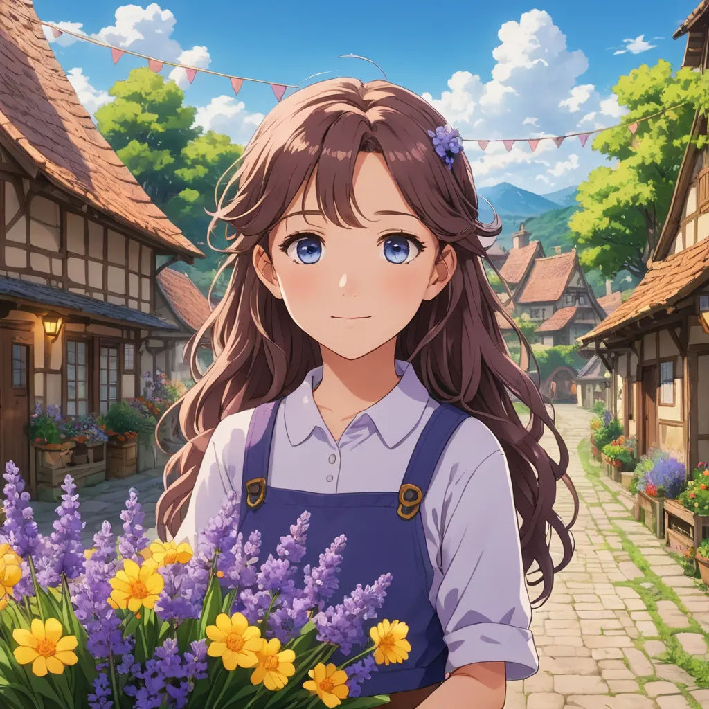 a girl holding a basket of flowers in front of a building with a sky background and a path leading to a village, synthetism, concept art, Anne Said, official art