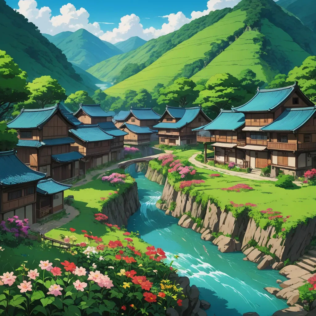 a painting of a village with a river running through it and mountains in the background with flowers in the foreground, ukiyo-e, a detailed matte painting, Atey Ghailan, japan