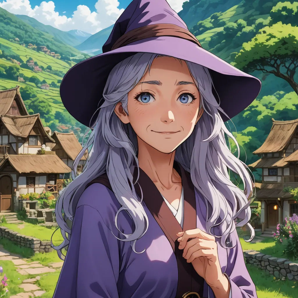 a woman with long gray hair wearing a purple hat and a purple dress and a purple hat on her head, remodernism, a character portrait, Chizuko Yoshida, official art