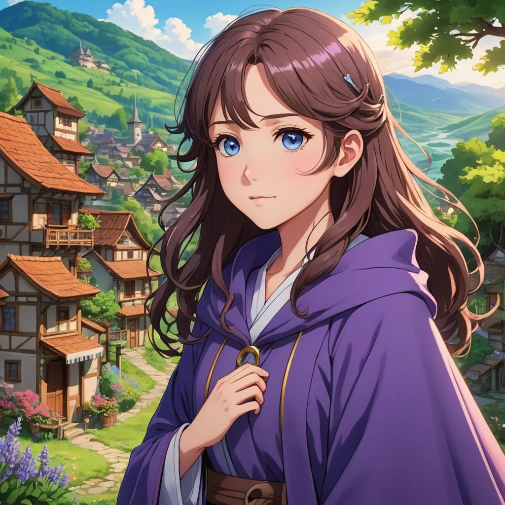 a girl in a purple cloak standing in front of a village with a mountain in the background and a blue sky, sots art, a character portrait, Anne Said, official art
