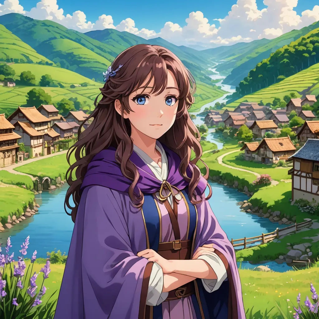 a woman in a purple dress standing in front of a village and a river with houses on it and mountains in the background, sots art, a character portrait, Anne Said, official art
