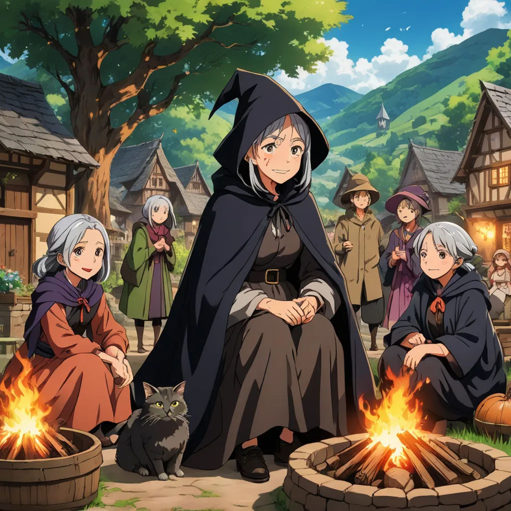 a group of people sitting around a fire pit with a cat on the ground next to them and a witch standing next to them, rayonism, concept art, Aya Goda, official art