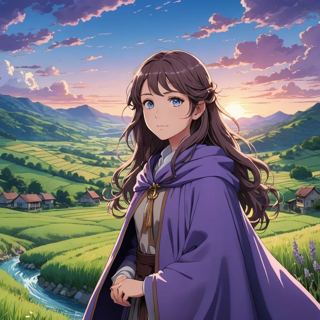 a woman in a purple cloak standing in a field with a river in the background and a sunset in the background, sots art, concept art, Aguri Uchida, official art