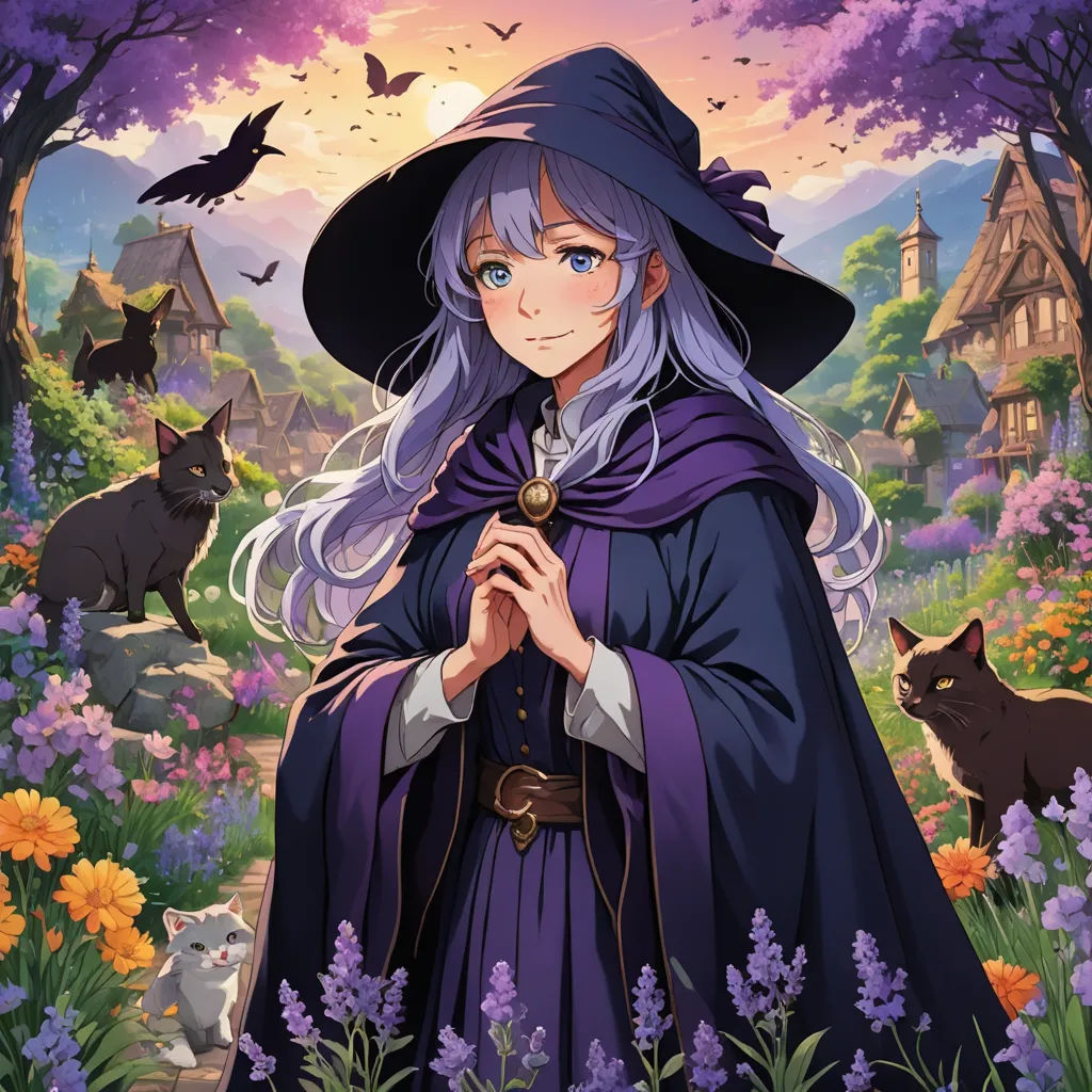 a woman in a purple dress and hat standing in a field with cats and flowers in front of her, remodernism, a character portrait, Dürer, official art