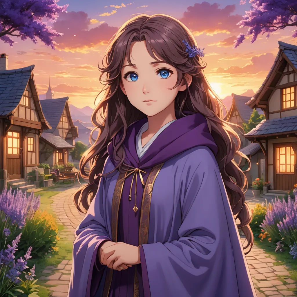 a girl in a purple dress standing in front of a house with a purple scarf on her head and a purple cape over her shoulder, sots art, a character portrait, Anne Said, official art