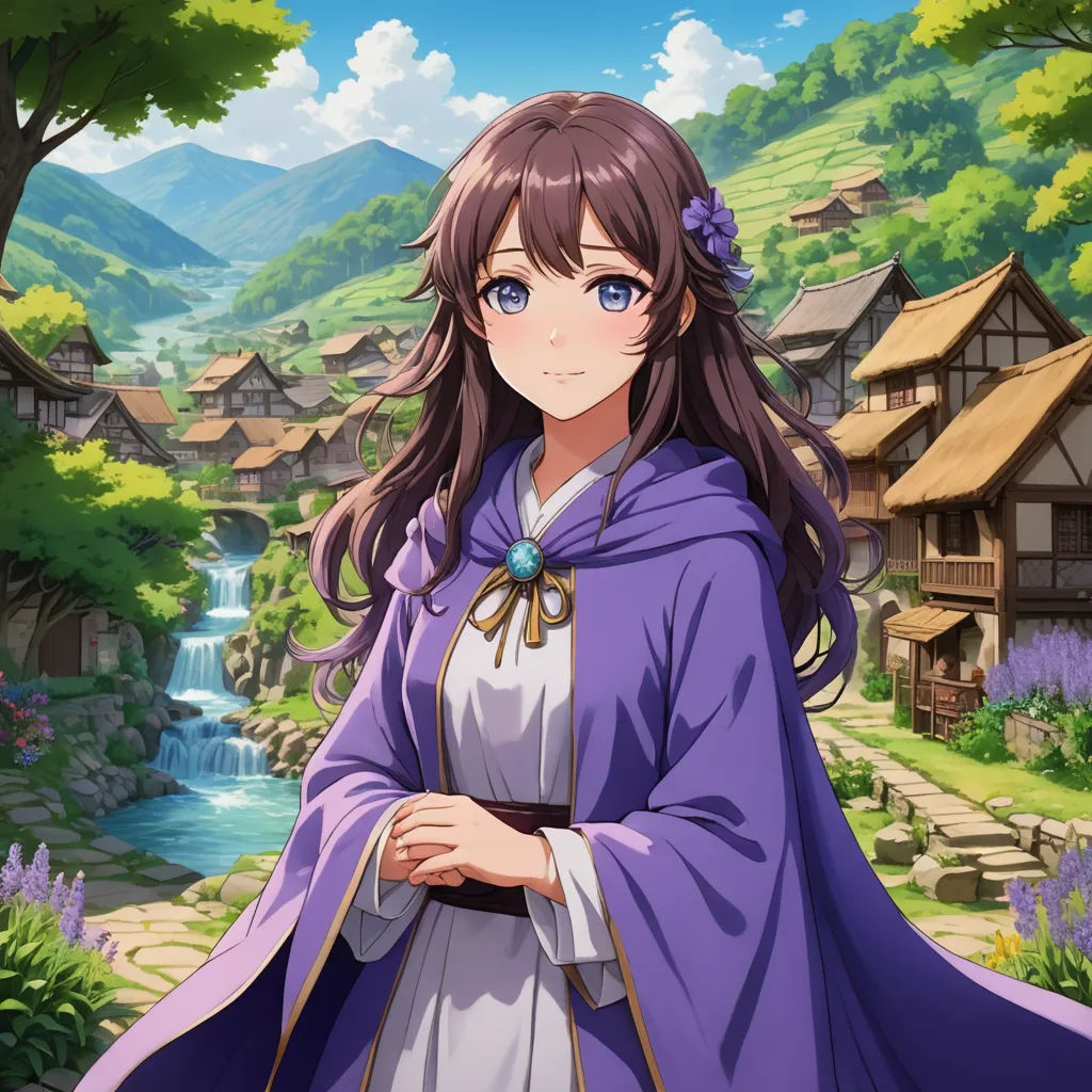 a woman in a purple dress standing in front of a village with a waterfall and trees in the background, sots art, a character portrait, Anne Said, official art