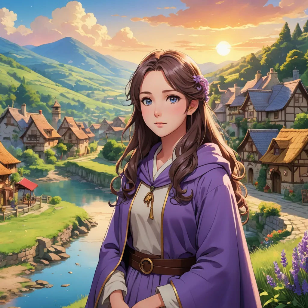 a girl in a purple dress standing in front of a village with a river and mountains in the background, sots art, a character portrait, Cedric Seaut (Keos Masons), rpg portrait