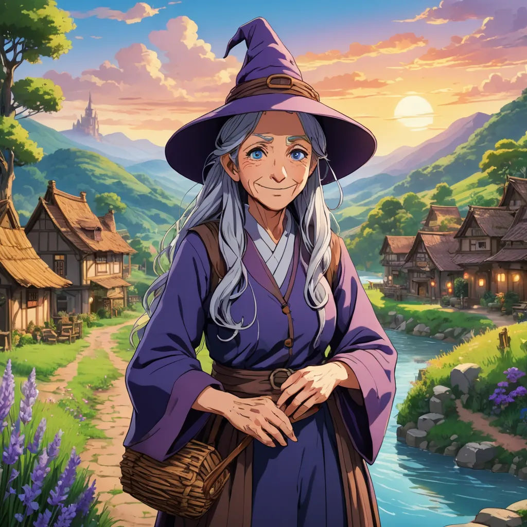 a cartoon character with a hat and a long gray hair standing in front of a river and a village, fantasy art, a character portrait, Anne Said, official art