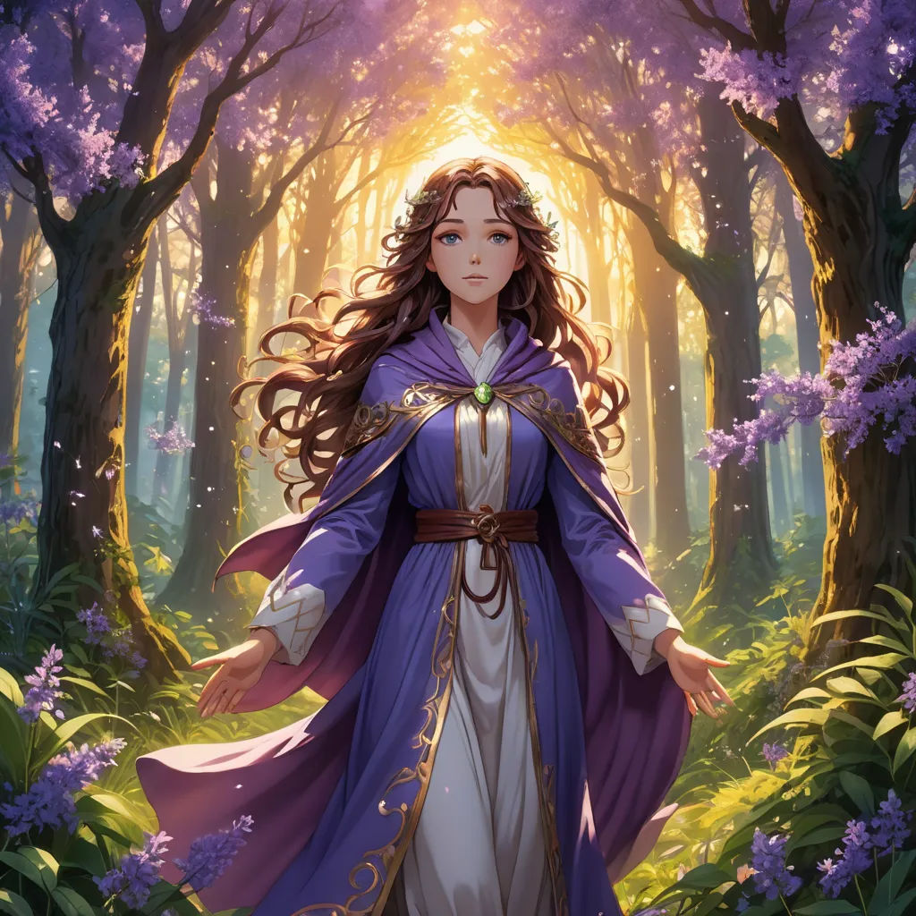 a woman in a purple dress standing in a forest with trees and flowers around her, with her arms outstretched, fantasy art, a character portrait, Christophe Vacher, magic the gathering artwork