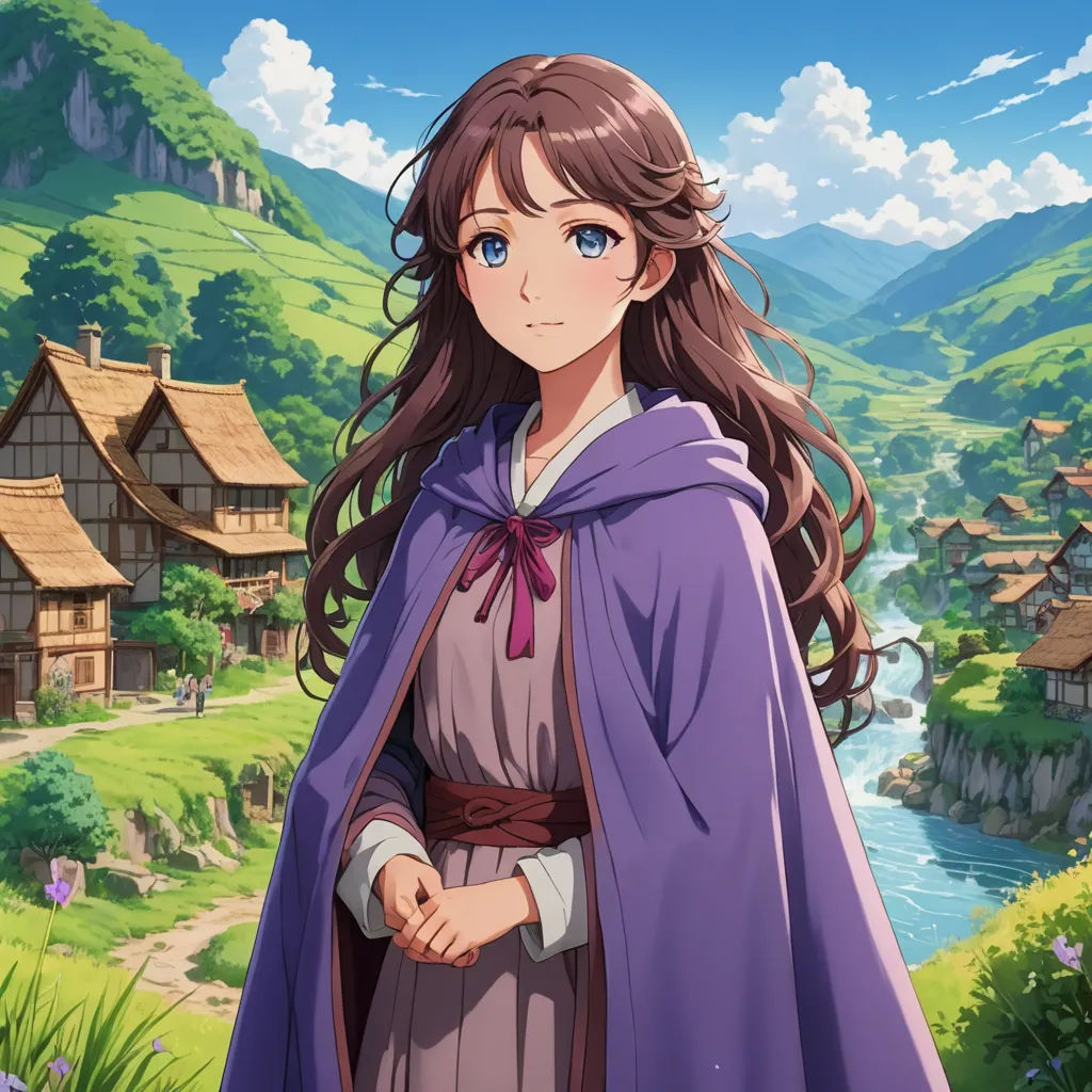 a woman in a purple dress standing in front of a mountain village with a river and houses in the background, sots art, a character portrait, Anne Said, official art