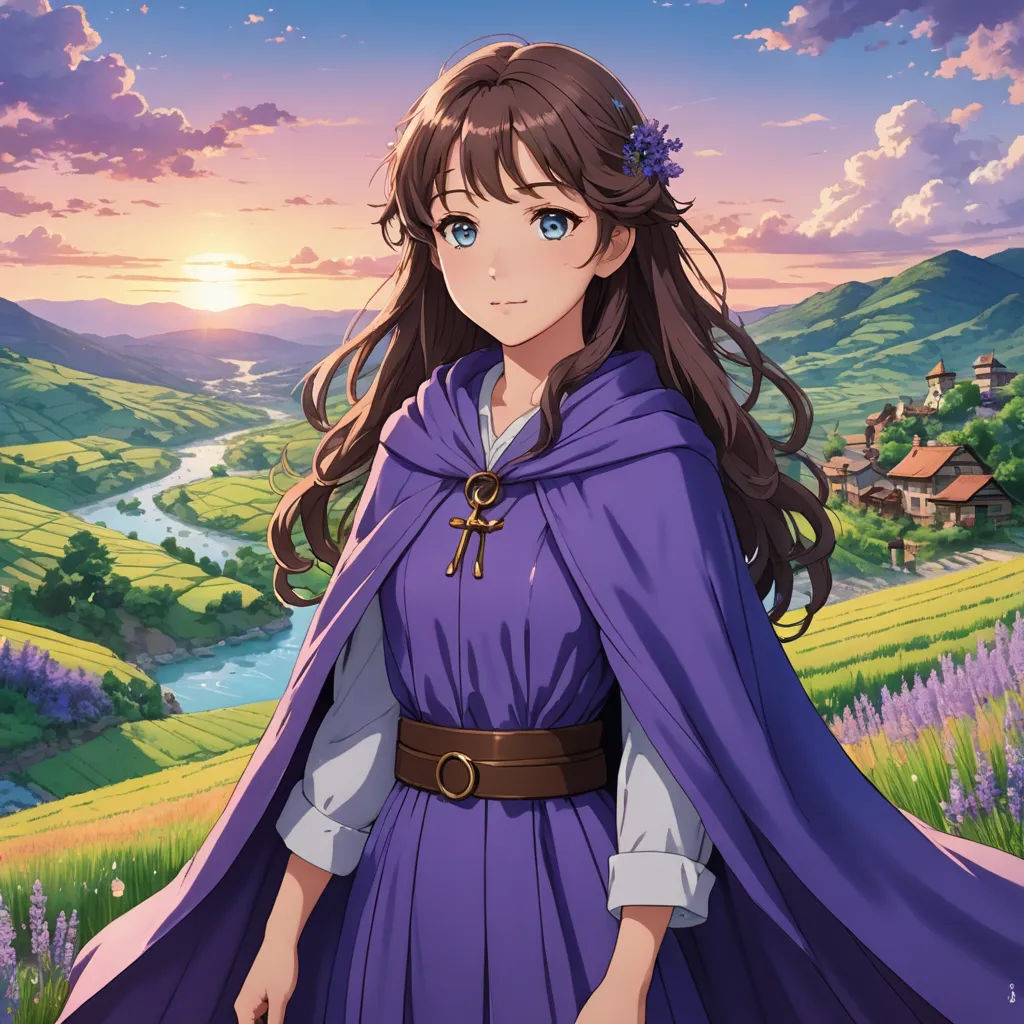 a woman in a purple dress and a purple cape standing in a field with a sunset in the background, sots art, concept art, Anne Said, official art
