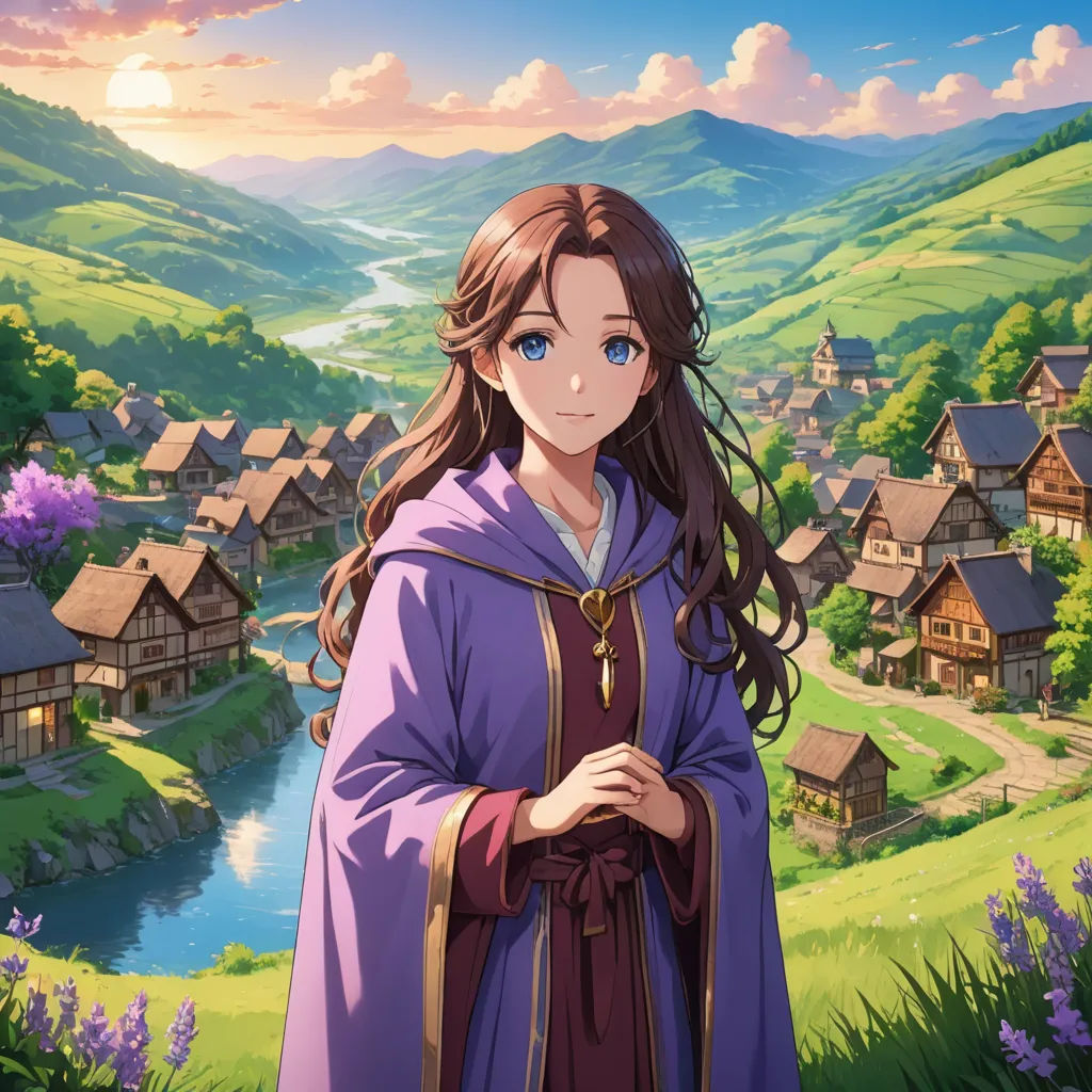 a woman in a purple dress standing in front of a village with a river and mountains in the background, sots art, a character portrait, Anne Said, official art