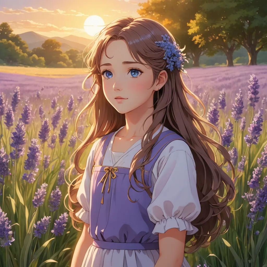 a girl in a field of lavenders with a blue dress and a blue bow in her hair, looking at the camera, sots art, a character portrait, Clarice Beckett, official art