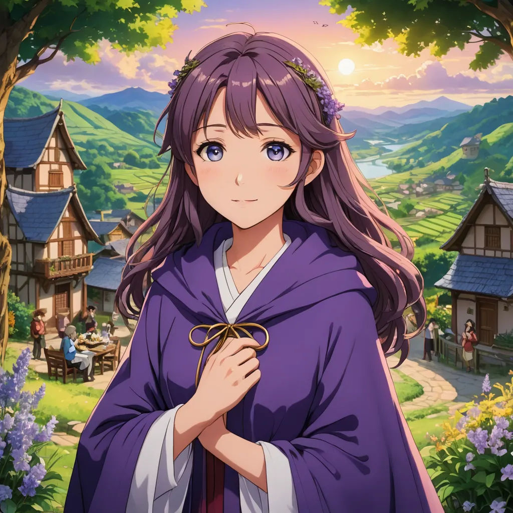 a woman in a purple dress standing in front of a forest with houses and trees in the background and a sunset, sots art, concept art, Anne Said, official art