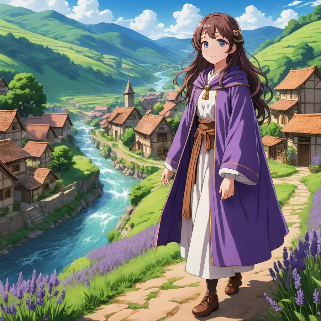 a woman in a purple dress standing on a path near a river and houses in the background with a mountain in the background, sots art, concept art, Anne Said, official art