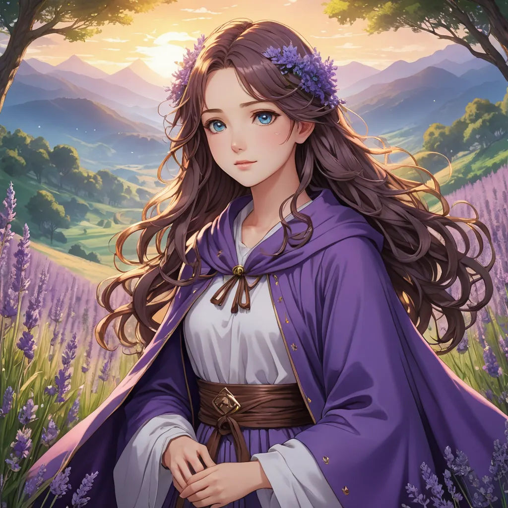 a woman in a purple dress standing in a field of flowers with a purple cape over her head and a purple flower in her hair, sots art, a character portrait, Alice Prin, official art