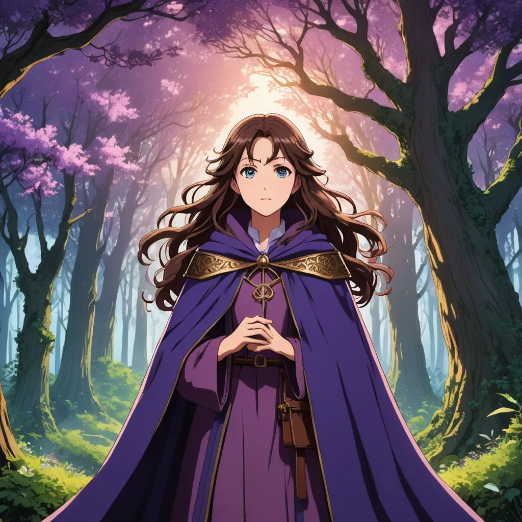 a woman in a purple cloak standing in a forest with trees and flowers in the background, with a purple cloak over her shoulders, sots art, concept art, Anne Said, official art
