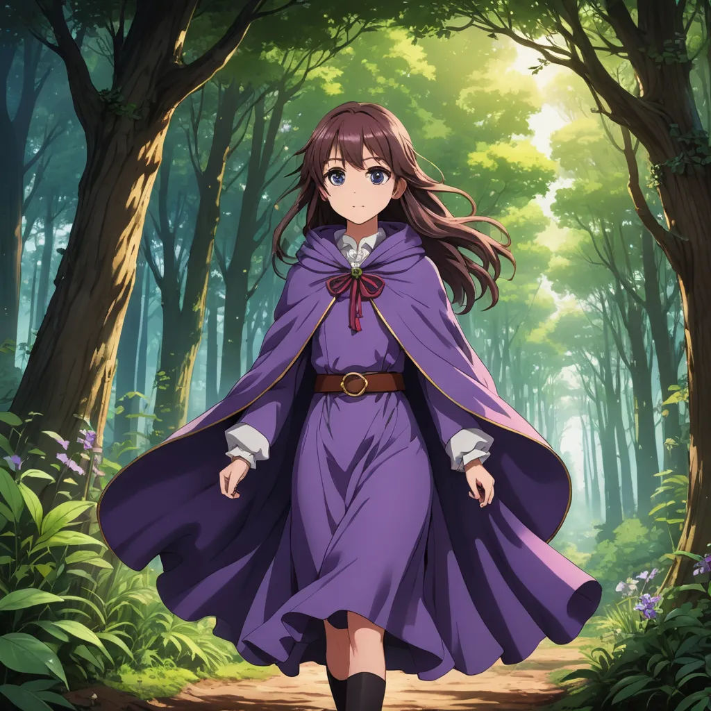 a woman in a purple dress and cape walking through a forest with trees and flowers on either side of her, rayonism, a character portrait, Chizuko Yoshida, official art