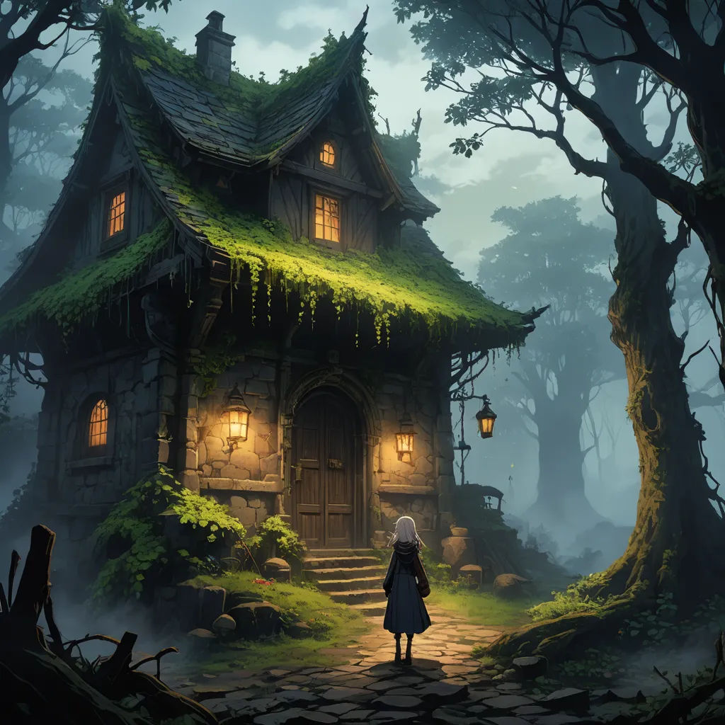 a woman standing in front of a house in the woods at night with a lantern on the roof and a lantern in the air, fantasy art, a detailed matte painting, Andreas Rocha, matte fantasy painting