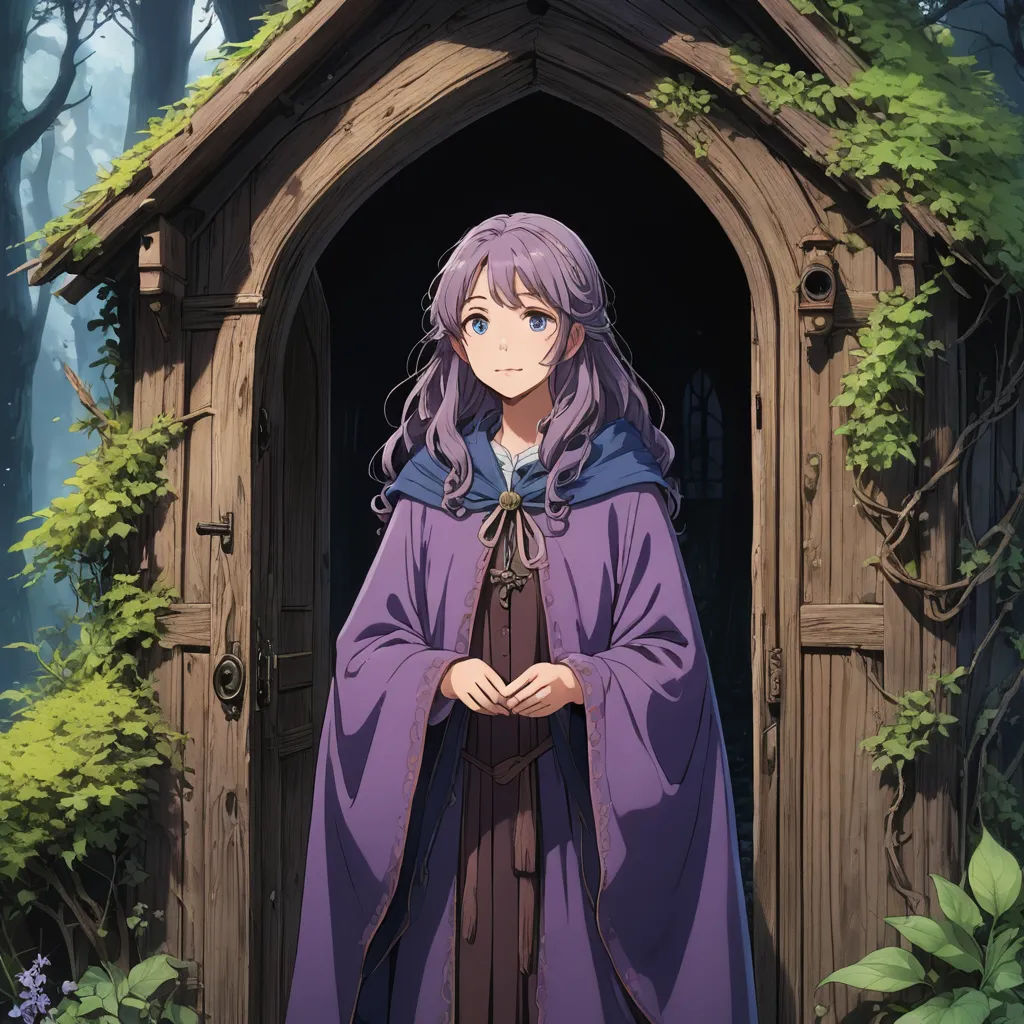a woman in a purple cloak standing in front of a doorway in a forest with trees and bushes surrounding her, sots art, a character portrait, Chizuko Yoshida, official art