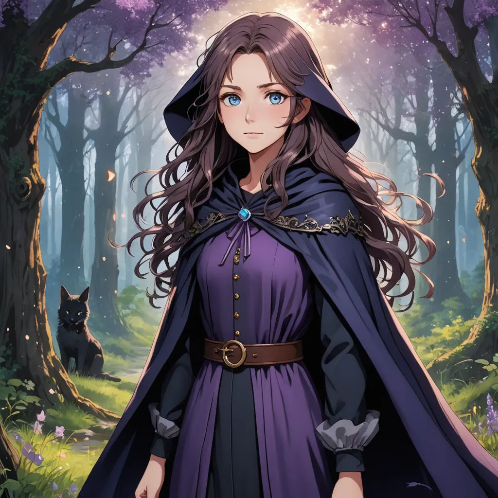 a woman in a purple dress and a black cloak in a forest with a cat on the ground and a black cat on the ground, sots art, a character portrait, Anne Said, fantasy character portrait