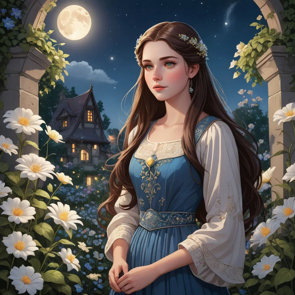 a painting of a girl in a blue dress standing in a garden with flowers and a full moon in the background, fantasy art, a detailed painting, Anne Stokes, fantasy artwork