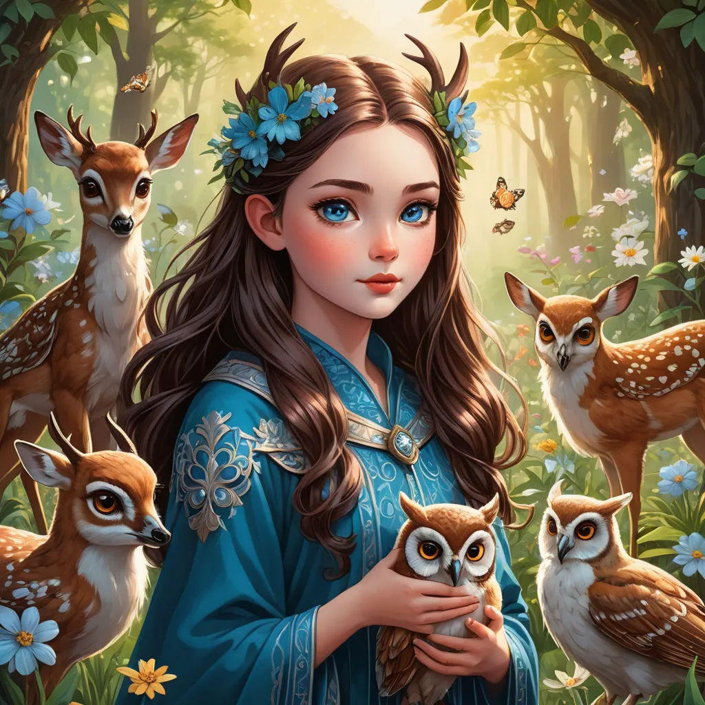 a girl in a blue dress surrounded by owls and deers in a forest with blue flowers in her hair, fantasy art, a storybook illustration, Anna Dittmann, trending on art station