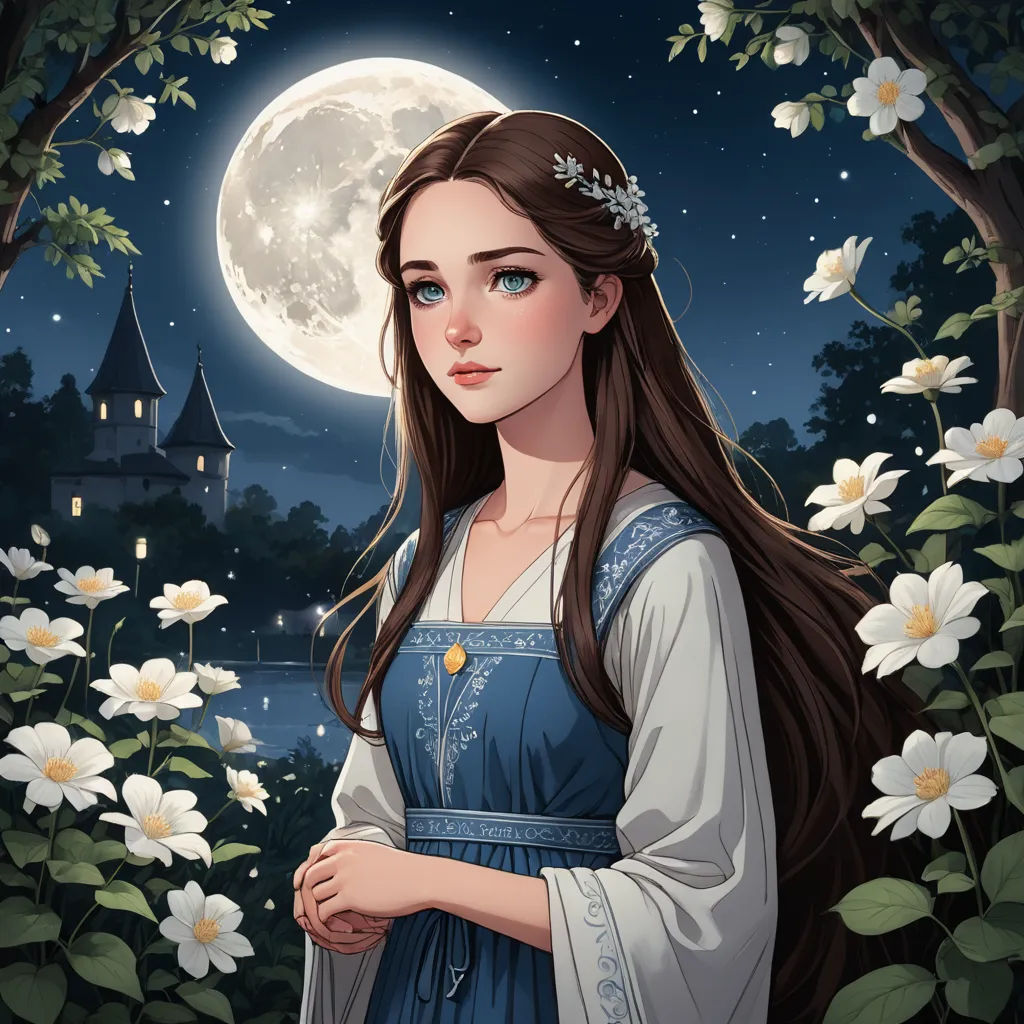 a girl in a blue dress standing in front of a full moon and flowers with a castle in the background, fantasy art, a character portrait, Dorothy Coke, kinkade