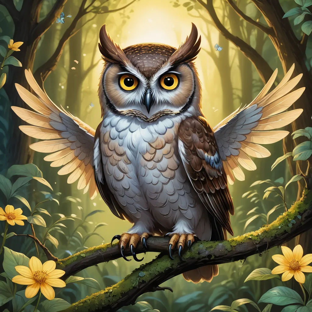 a painting of an owl sitting on a branch in a forest with yellow flowers and a full moon in the background, fantasy art, a storybook illustration, Anne Stokes, magic the gathering artwork