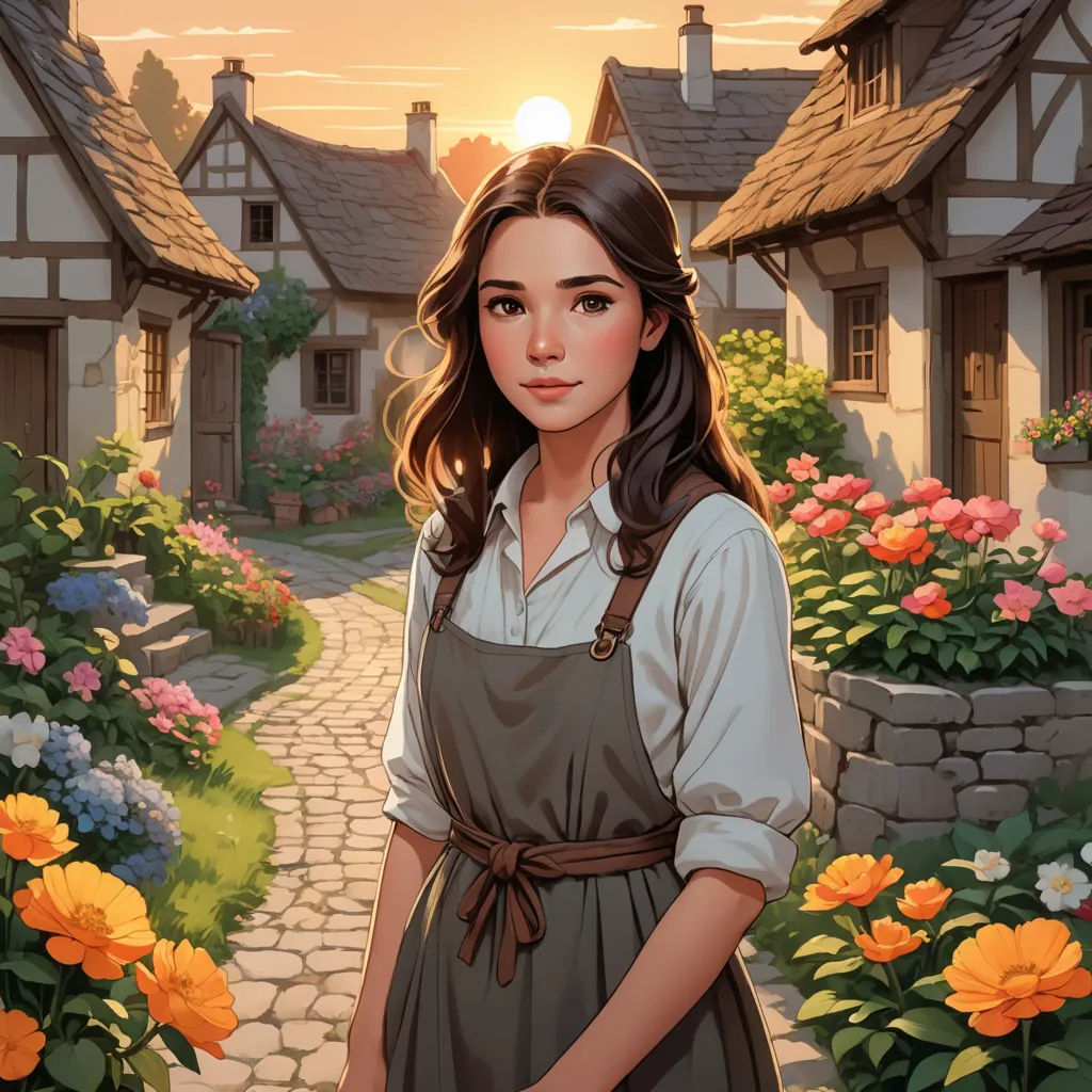 a painting of a woman standing in front of a house with flowers in the front yard and a path leading to the house, fantasy art, a character portrait, Cedric Seaut (Keos Masons), kinkade