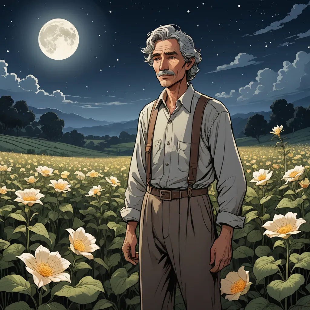 a man standing in a field of flowers under a full moon with a full moon in the background and a full moon in the sky, serial art, a character portrait, Eugene Montgomery, official art