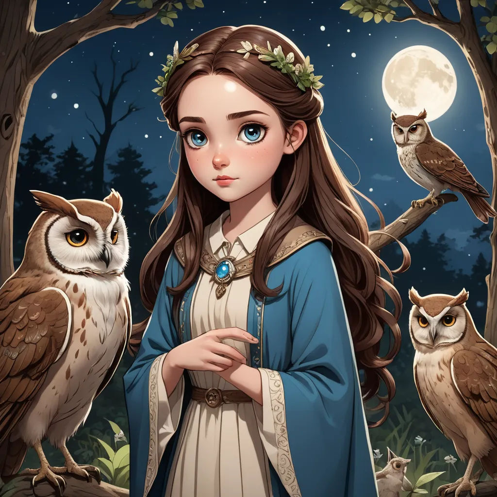 a girl with long hair and a crown stands in front of two owls and a full moon in the background, fantasy art, a storybook illustration, Clarice Beckett, deviantart artstation