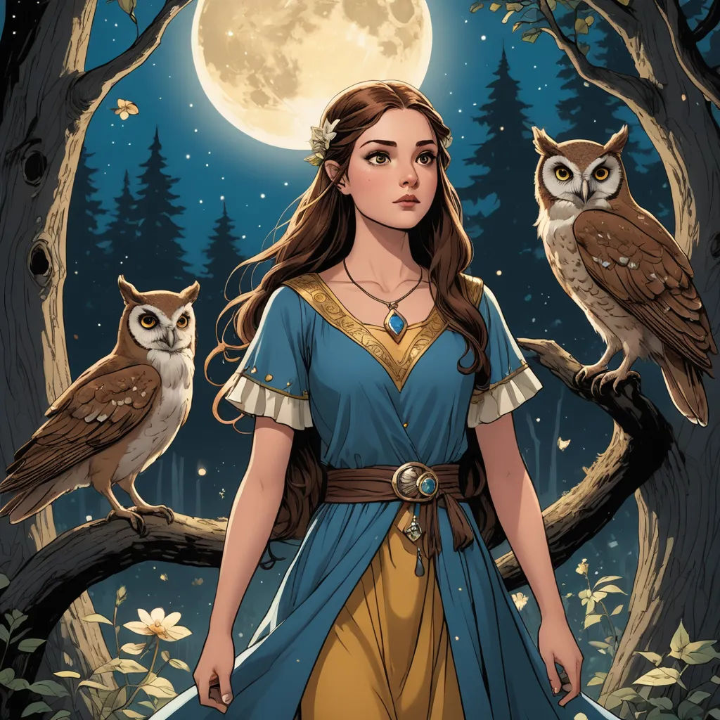 a woman in a blue dress standing in front of an owl tree with a full moon behind her and two owls perched on a branch, fantasy art, a storybook illustration, Clarice Beckett, official art
