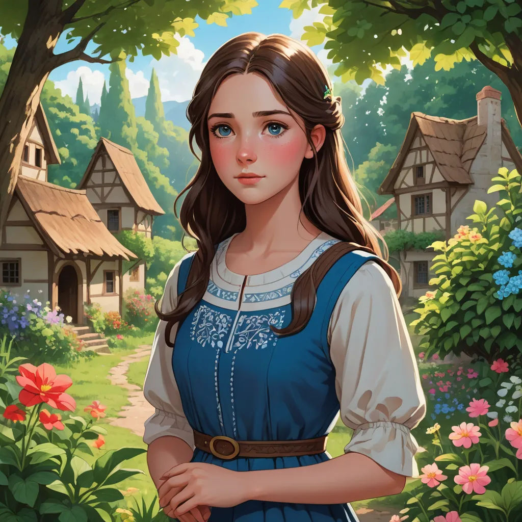 a painting of a girl in a blue dress standing in front of a house and flowers in the background, fantasy art, a storybook illustration, Alice Prin, rossdraws global illumination