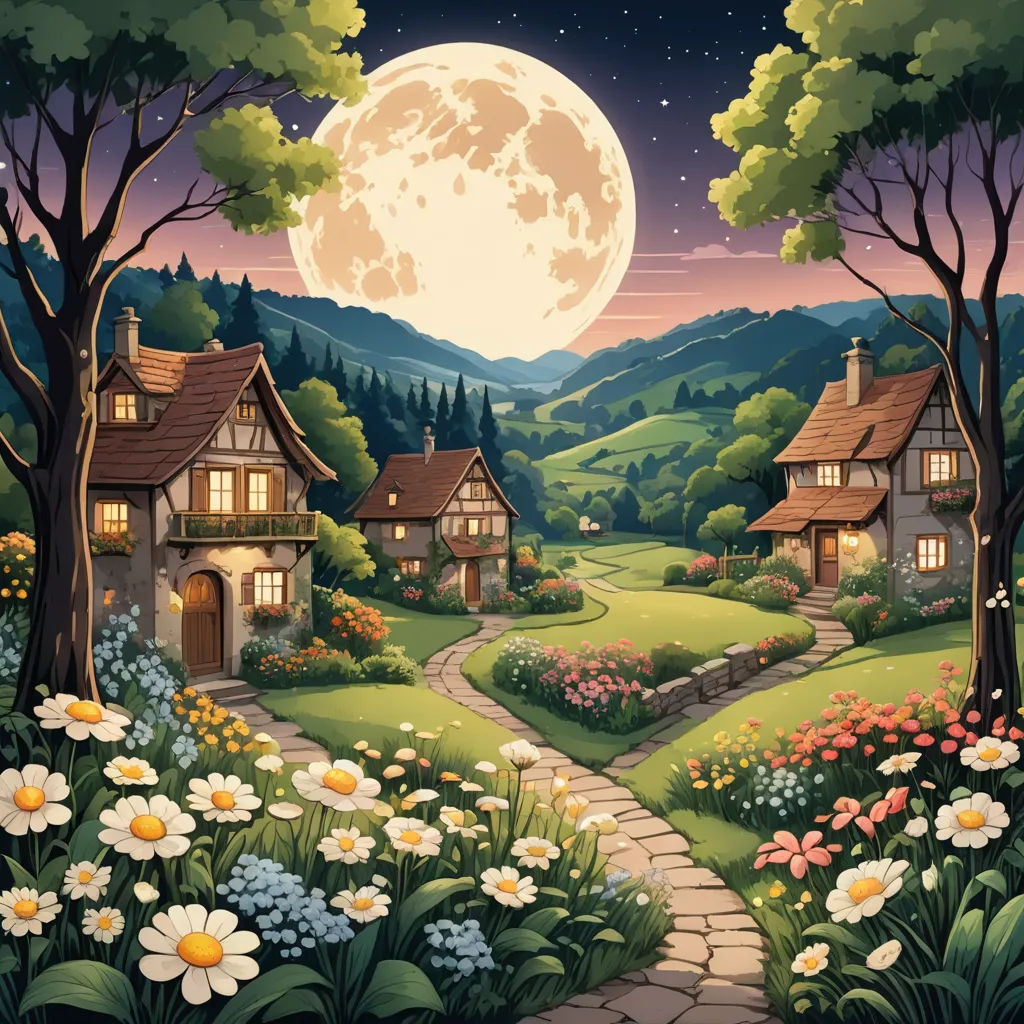 a painting of a night scene with a full moon and a path leading to a house with a pathway leading to a garden with flowers, fantasy art, a storybook illustration, Chris LaBrooy, kinkade
