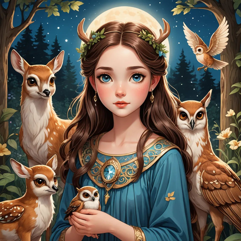 a painting of a woman holding two baby owls and an owl in her hands with a full moon in the background, fantasy art, a storybook illustration, Anne Stokes, kinkade